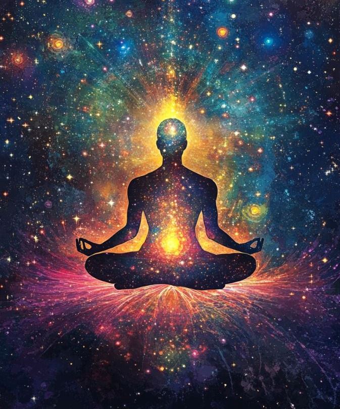 Silueta en meditación rodeada de luz y un cielo estrellado